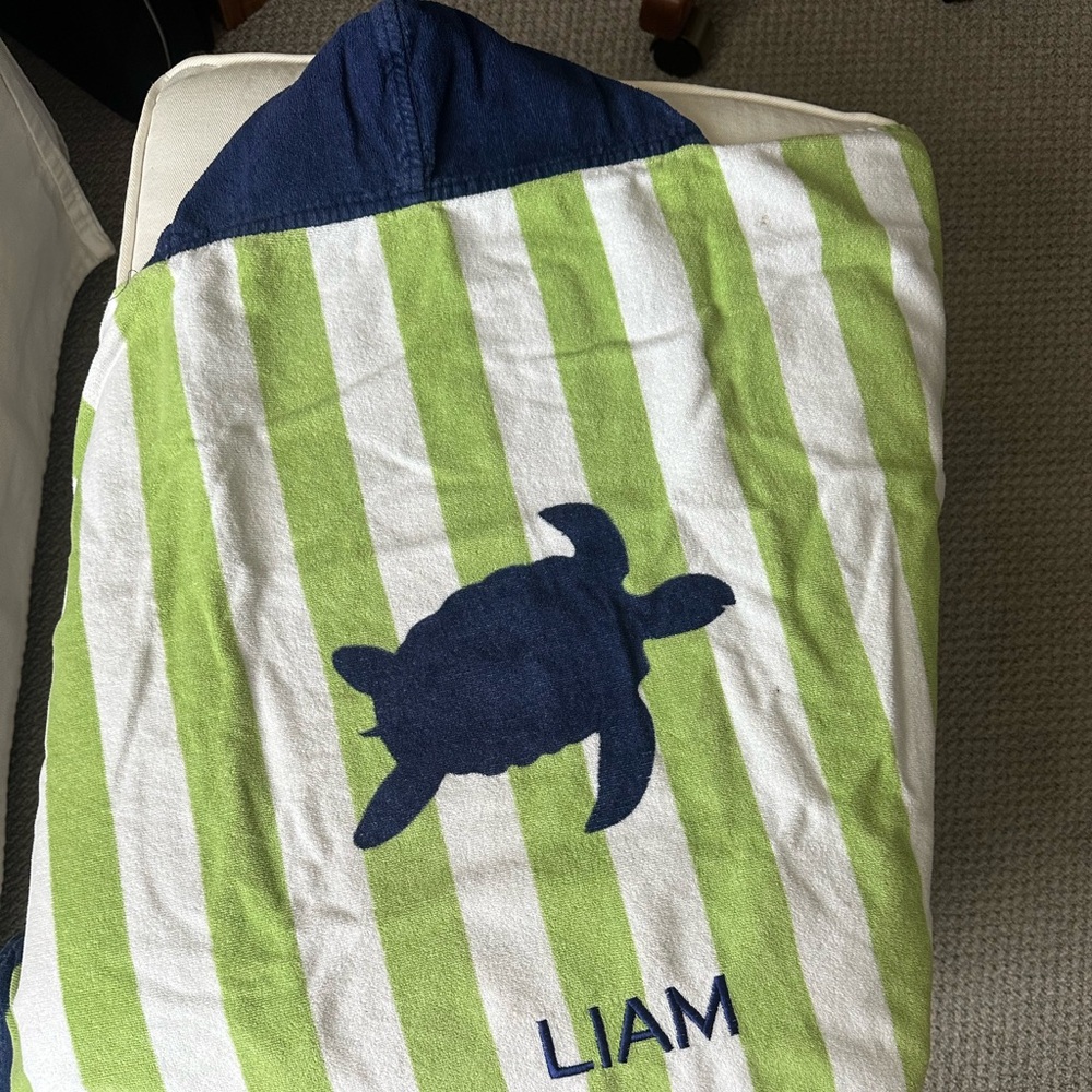 Potterybarn kids hooded bath towel sea turtle with “Liam” embroidered
